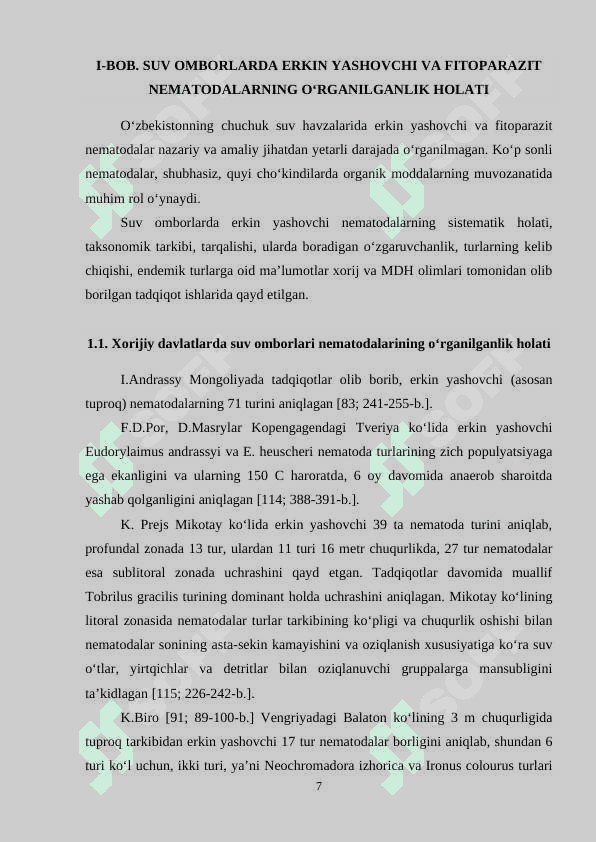 DEGREZ SUV OMBORIDA ERKIN  YASHOVCHI NEMATODALARNING FAUNASI VA EKOLOGIYASI 7