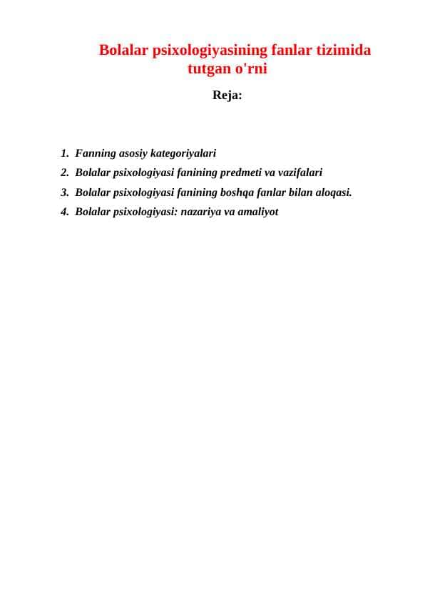 Bolalar psixologiyasining fanlar tizimida tutgan o'rni
