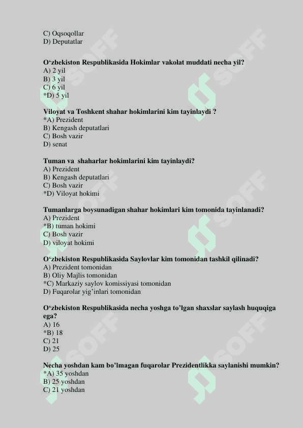 Òzbekiston eng yangi tarixi test savollari va javoblari bilan 200 talik 7