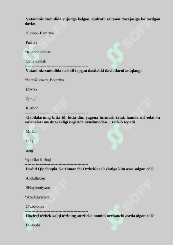 Tarix fanidan test baza javobi bilan 8