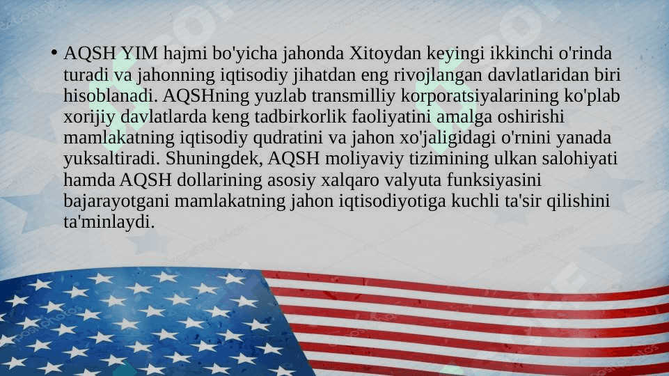 Amerika Qóshma Shtatlari xo‘jaligi va iqtisodiy rayonlari degan mavzuda slayd ishi. 2