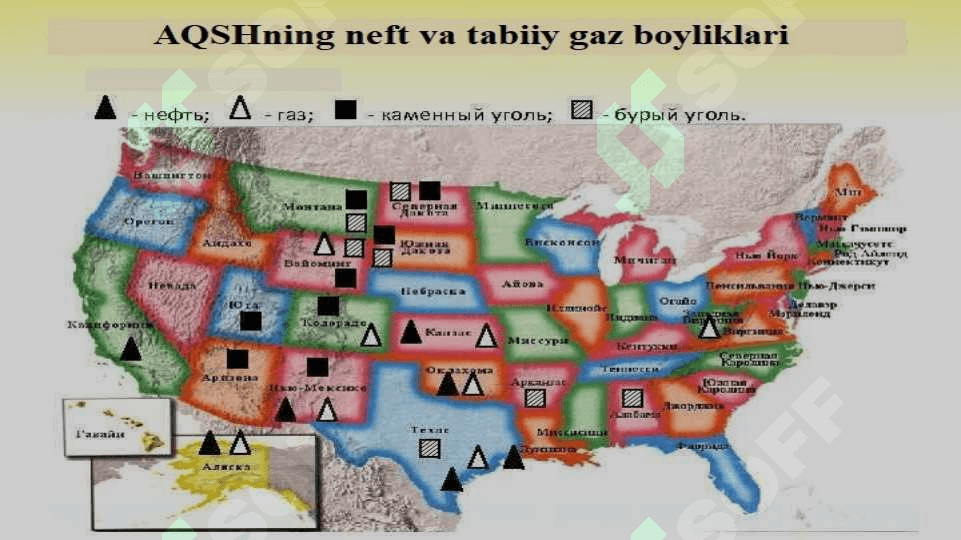 Amerika Qóshma Shtatlari xo‘jaligi va iqtisodiy rayonlari degan mavzuda slayd ishi. 6