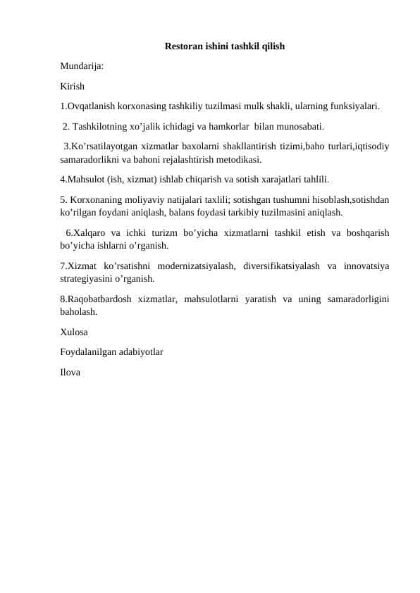 Restoran ishini tashkil qilish