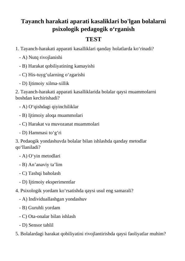 Tayanch harakati aparati kasaliklari bo'lgan bolalarni psixologik pedagogik oʻrganish