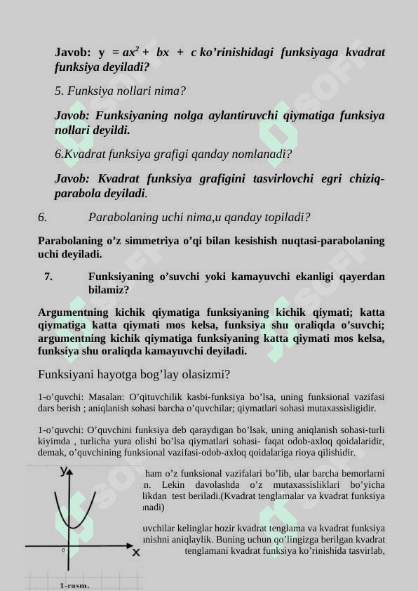 9-sinf algebra .Kvadrat funksiyaning ta’rifi dars ishlanma 7