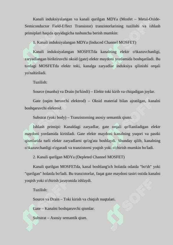 KANALI INDUKSIYALANGAN VA KANALI QURILGAN MDYA-TRANZISTORLARNING TUZLISHI VA ISHLASH PRINSIPLARI 2
