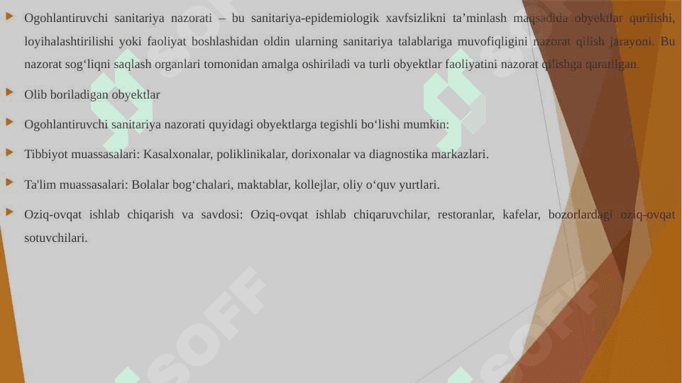 Ogohlantiruvch sanitariya nazorati. Olib boriladigan obyektlar va ularga berilishi zarur bo’lgan xulosalar. 3
