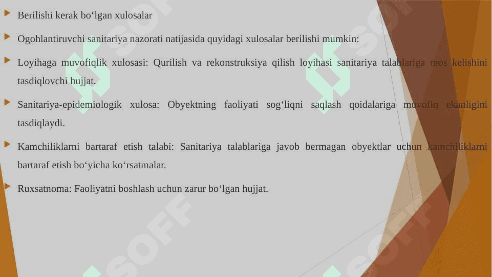 Ogohlantiruvch sanitariya nazorati. Olib boriladigan obyektlar va ularga berilishi zarur bo’lgan xulosalar. 5