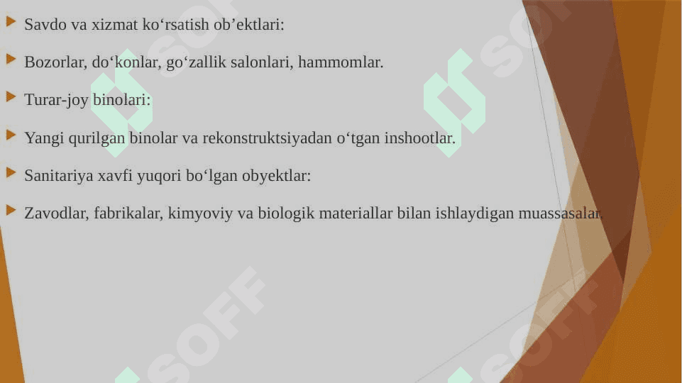 Ogohlantiruvch sanitariya nazorati. Olib boriladigan obyektlar va ularga berilishi zarur bo’lgan xulosalar. 8