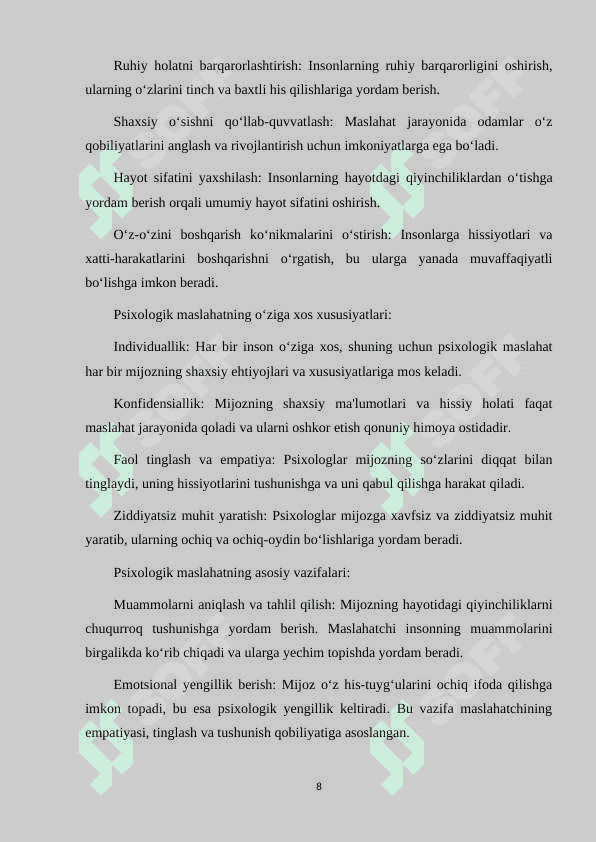PSIXOLOGIK MASLAHAT MAKTAB PSIXOLOGINING ASOSIY FAOLIYAT YO'NALISHI 8
