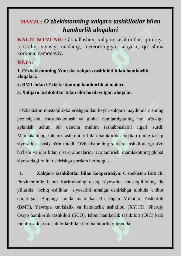 O'zbekistonning xalqaro tashkilotlar bilan hamkorlik aloqalari 2