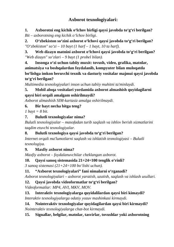 Argos test 2024 Axborot texnologiyalari, mantiq, milliy qonunchilik 1