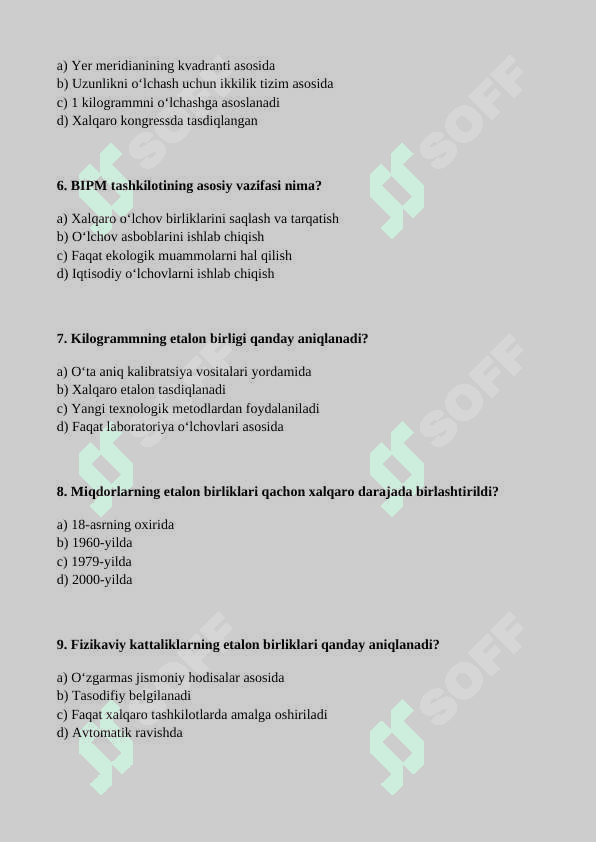 Miqdorlarning etalon birliklari kelib chiqishi va saqlanishi haqida malumot mavzusiga tuzilgan test 2