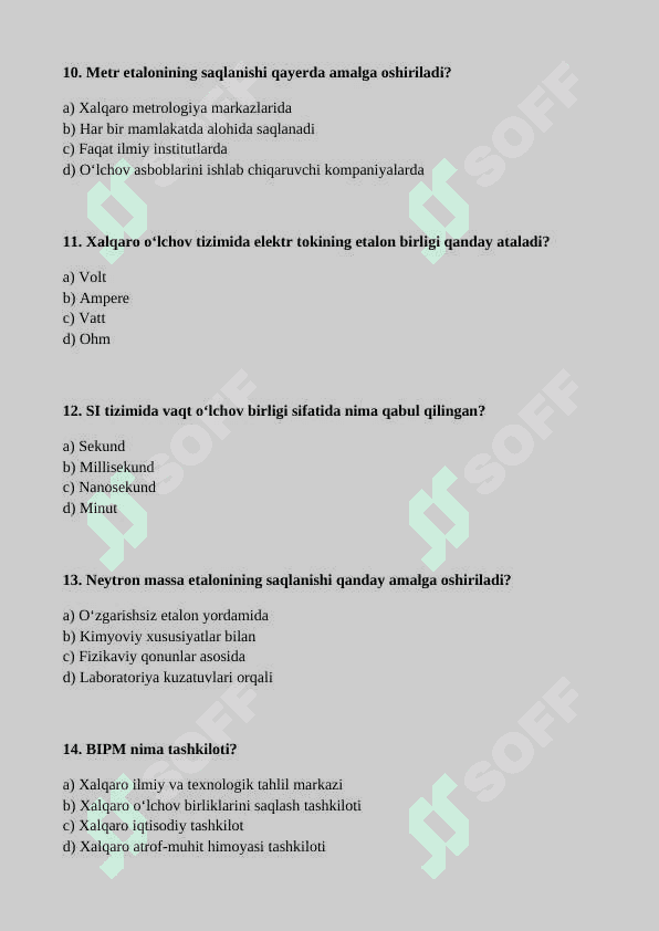 Miqdorlarning etalon birliklari kelib chiqishi va saqlanishi haqida malumot mavzusiga tuzilgan test 3
