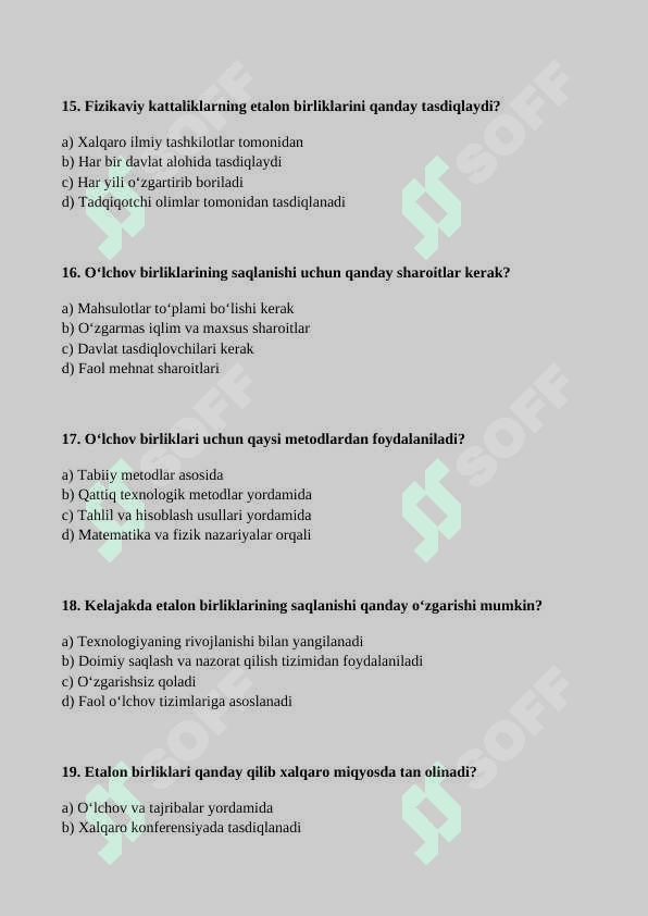 Miqdorlarning etalon birliklari kelib chiqishi va saqlanishi haqida malumot mavzusiga tuzilgan test 4