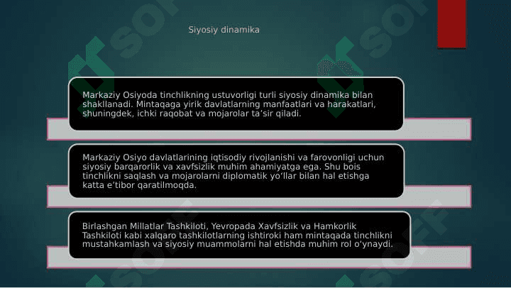 O'zbekistonning Markaziy Osiyoda tinchlik va barqarorlikni ta’minlashdagi o’rni 7