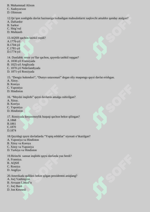 8-sinf tarix test javoblari bilan 2