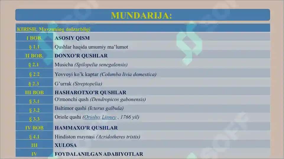 QUSHLAR OZIQLANISHI VA UNGA XOS MOSLANISHLAR MAVZUSIDAGI KURS ISHI 2