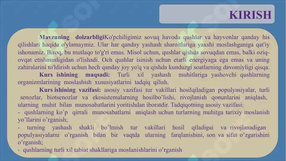 QUSHLAR OZIQLANISHI VA UNGA XOS MOSLANISHLAR MAVZUSIDAGI KURS ISHI 4