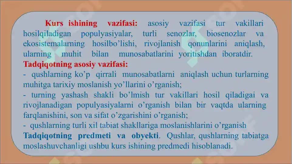 QUSHLAR OZIQLANISHI VA UNGA XOS MOSLANISHLAR MAVZUSIDAGI KURS ISHI 5