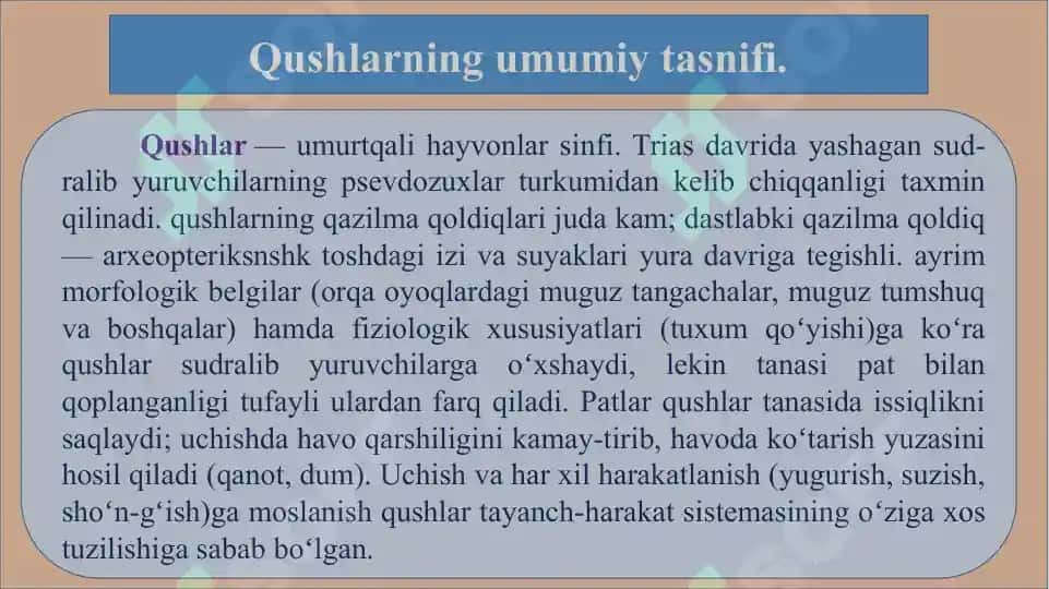 QUSHLAR OZIQLANISHI VA UNGA XOS MOSLANISHLAR MAVZUSIDAGI KURS ISHI 6