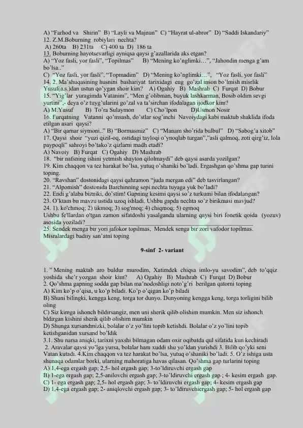 Ona tili va Adabiyot fanidan olimpiada savollari 9 - 10 - 11 - sinflar uchun 2