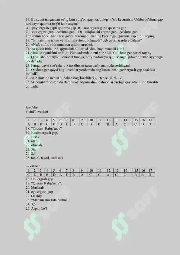 Ona tili va Adabiyot fanidan olimpiada savollari 9 - 10 - 11 - sinflar uchun 4