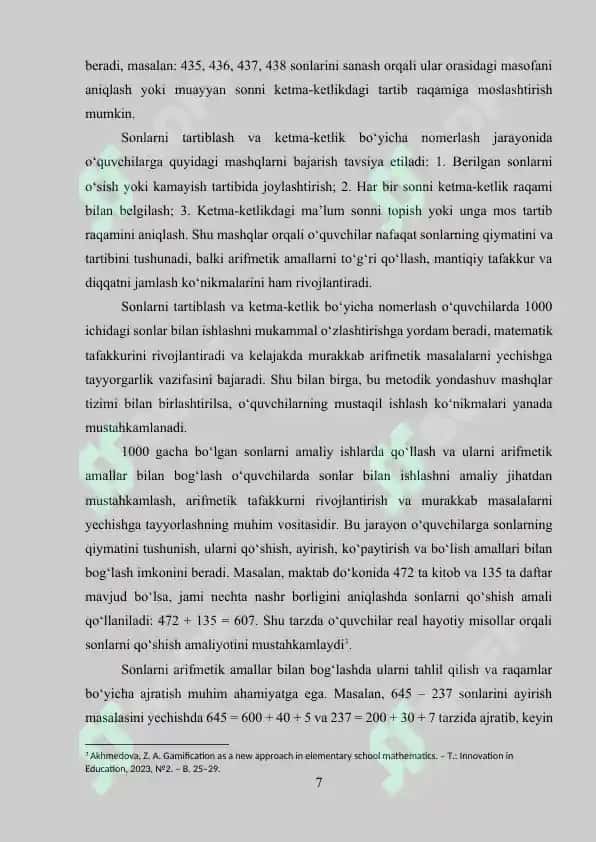 1000 ichida va ko‘p xonali nomanfiy butun sonlarni nomerlashga o‘rgatish metodikasi 7
