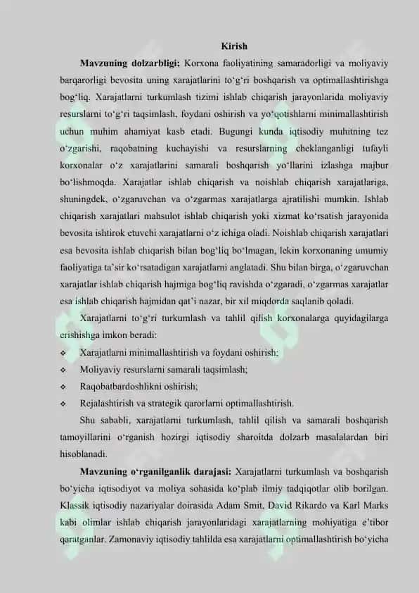 XARAJATLARNI TURKUMLASH ISHLAB CHIQARISH VA NOISHLAB CHIQARISH XARAJATLARI, O'ZGARUVCHAN VA O'ZGARMAS XARAJATLAR TAHLILI. 2