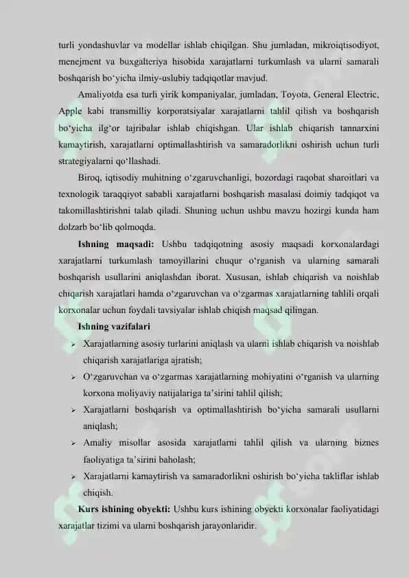 XARAJATLARNI TURKUMLASH ISHLAB CHIQARISH VA NOISHLAB CHIQARISH XARAJATLARI, O'ZGARUVCHAN VA O'ZGARMAS XARAJATLAR TAHLILI. 3