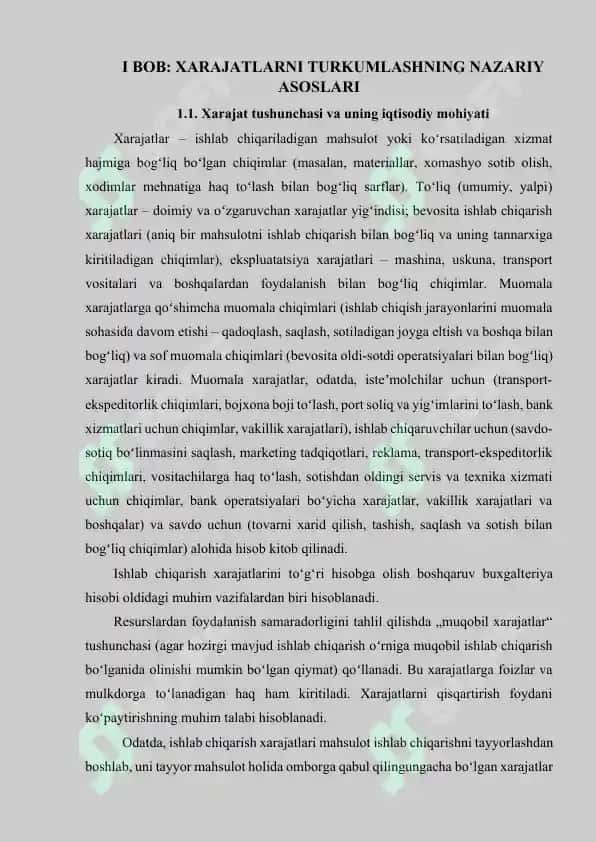XARAJATLARNI TURKUMLASH ISHLAB CHIQARISH VA NOISHLAB CHIQARISH XARAJATLARI, O'ZGARUVCHAN VA O'ZGARMAS XARAJATLAR TAHLILI. 5