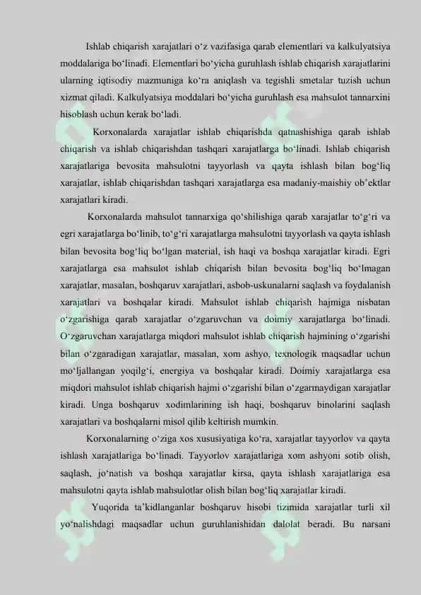 XARAJATLARNI TURKUMLASH ISHLAB CHIQARISH VA NOISHLAB CHIQARISH XARAJATLARI, O'ZGARUVCHAN VA O'ZGARMAS XARAJATLAR TAHLILI. 7