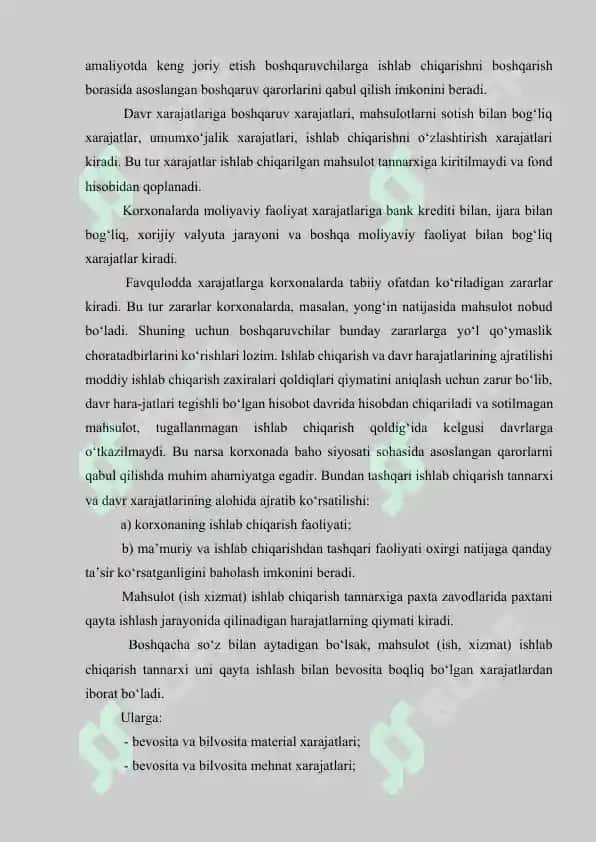 XARAJATLARNI TURKUMLASH ISHLAB CHIQARISH VA NOISHLAB CHIQARISH XARAJATLARI, O'ZGARUVCHAN VA O'ZGARMAS XARAJATLAR TAHLILI. 8