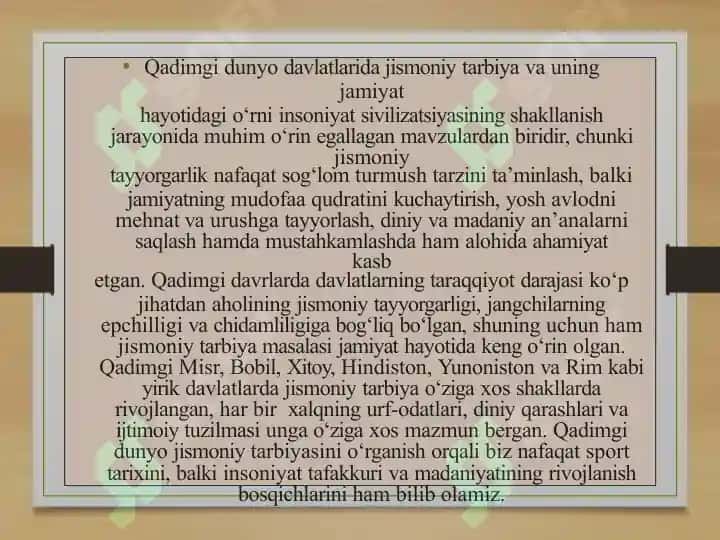 Qadimgi Dunyo Davlatlarida  va qadimgi sharq mamlakatlarida jismoniy tarbiya 2