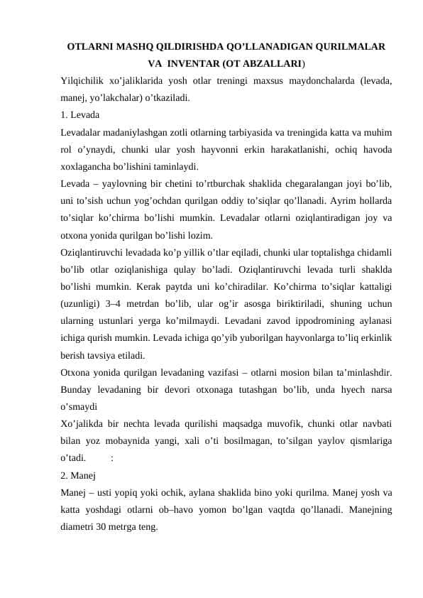 OTLARNI MASHQ QILDIRISHDA QO’LLANADIGAN QURILMALAR VA  INVENTAR (OT ABZALLARI)