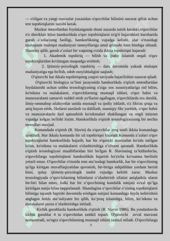 Biologiyani o`qitishda hamkorlikda o`qitish tashkil etish 5