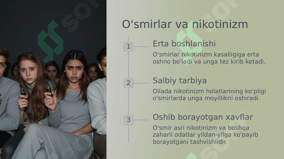 Nikotinizm va uning asoslari.Nikotinizmning o’smirlar va ayollar organizmiga ta’siri. 8