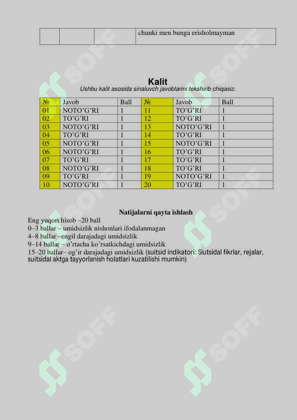 UMIDSIZLIKNI ANIQLASH SHKALASI 2