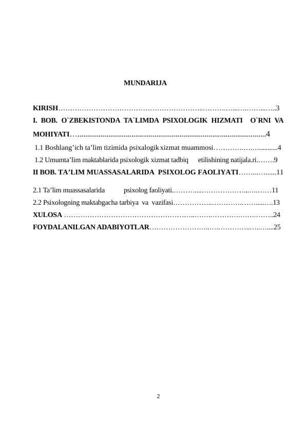 TA’LIM MUASSASALARIDA  PSIXOLOG FAOLIYATI