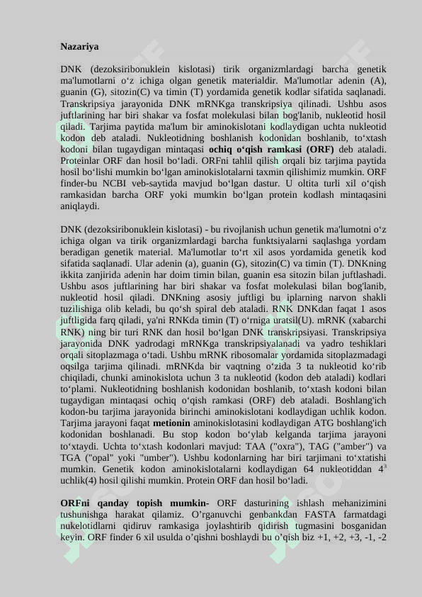 Hisoblashning ochiq ramkasini izlash. ORF Finder dasturida ishlash. 2