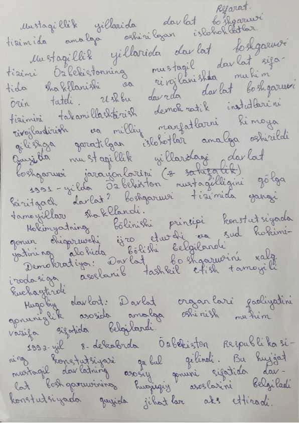 O'zbekistonning eng yangi tarixi fanidan 2 mustaqil talim uchun tayyor ish