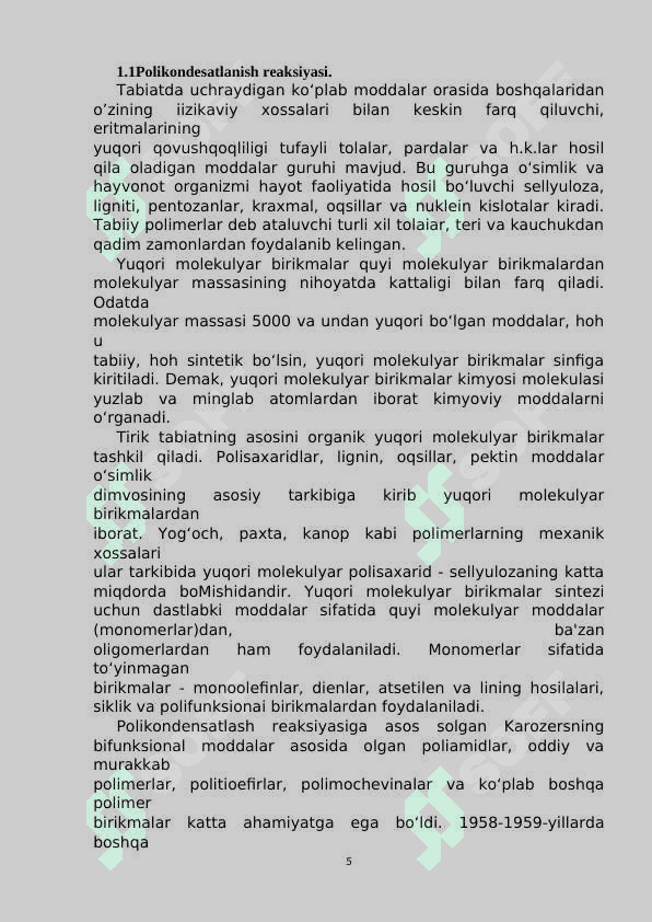 Sopolikondesatlanish reaktsiyalari: usullari, mexanizmlari, va sopolikondensatlanishda katalizatorning roli. 5