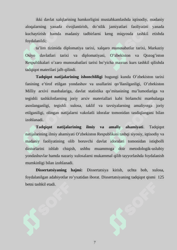 O’ZBEKISTON RESPUBLIKASINING  QOZOG’ISTON RESPUBLIKASI BILAN IQTISODIY VA MADANIY ALOQALARI 7