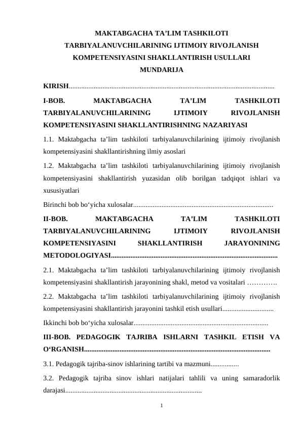 MAKTABGACHA TA’LIM TASHKILOTI TARBIYALANUVCHILARINING IJTIMOIY RIVOJLANISH KOMPETENSIYASINI SHAKLLANTIRISH USULLARI