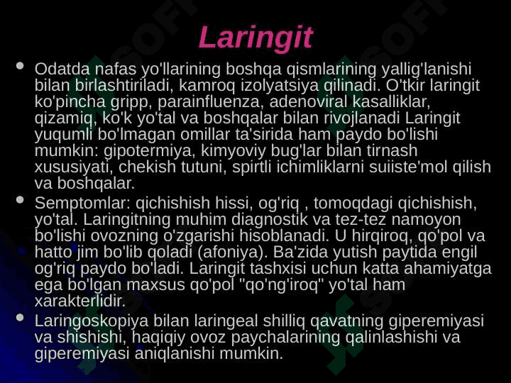 Havo tomchi yo‘li bilan yuqadigan infeksiyalaring tayanch tashxisot belgilari 8