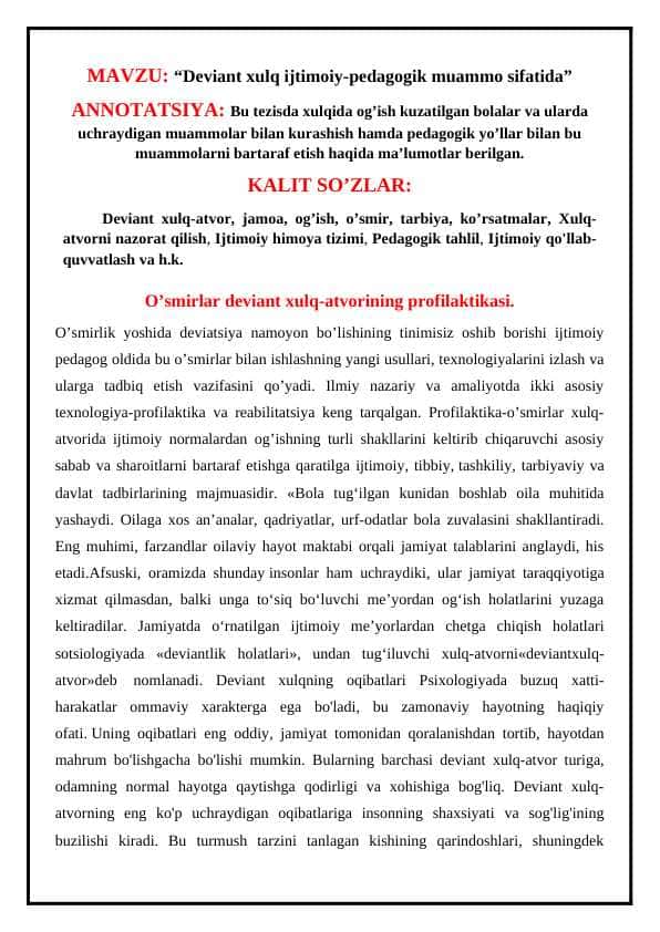Deviant xulq ijtimoiy-pedagogik muammo sifatida