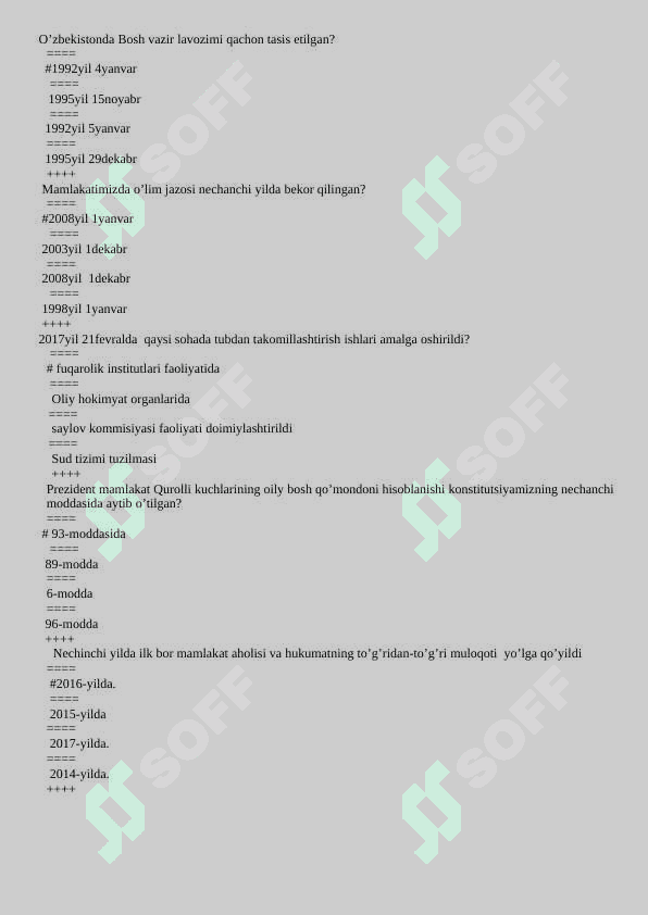 O'zbekistonning eng yangi tarixi fanidan test savollari, 200 ta savol javoblari bilan 2