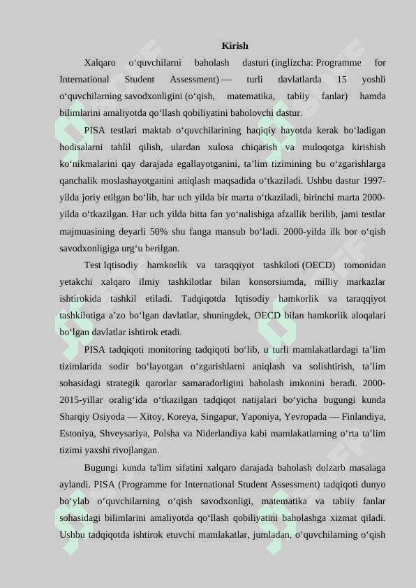 PISA (programme for international student assessment ) o'quvchilarning ta'limiy yutuqlarini baholash xalqaro dasturiga tayyorgarlik ishlarida matn ustida ishlash usullari. 3