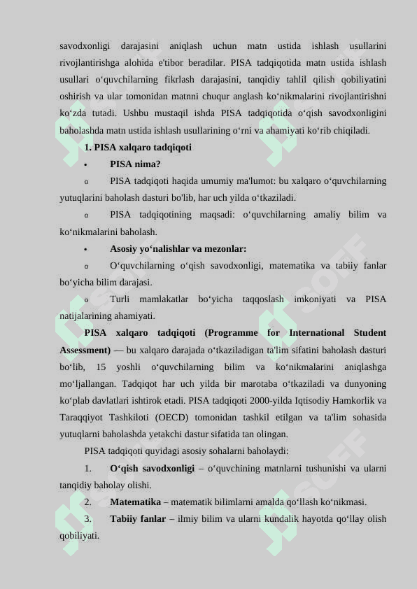 PISA (programme for international student assessment ) o'quvchilarning ta'limiy yutuqlarini baholash xalqaro dasturiga tayyorgarlik ishlarida matn ustida ishlash usullari. 4