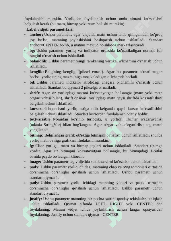 Python dasturlash tilining har bir tkinter element xossalarini dasturiy vosita     asosida ishlab chiqish 5